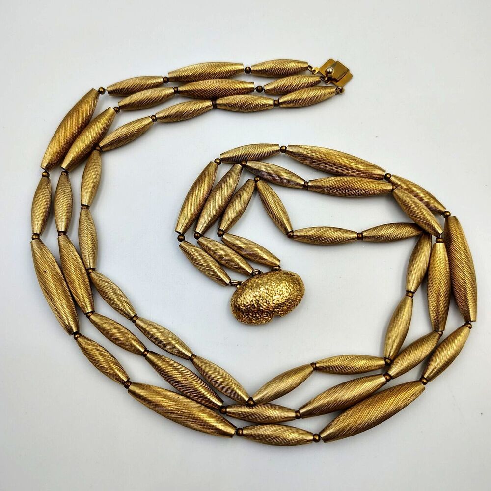Vintage Castlecliff Gold Tone Textured Beads Three Strand Collar Necklace